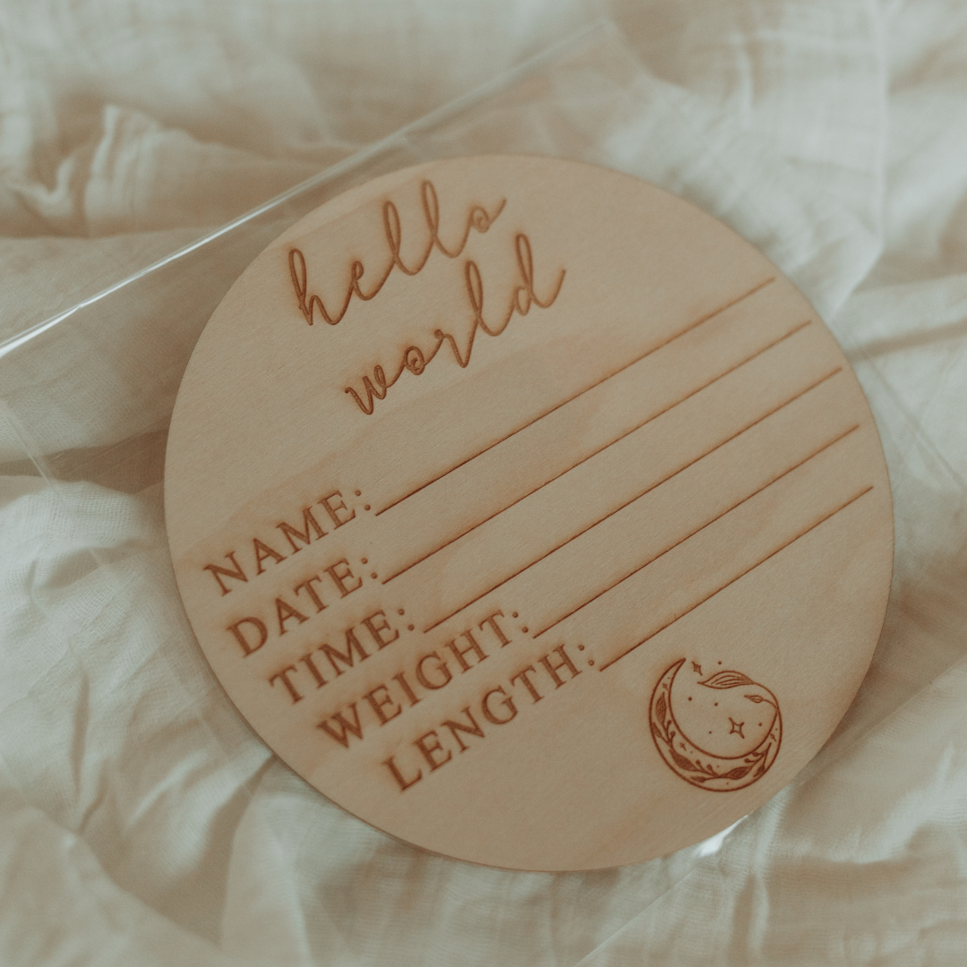 'Hello World' + Birth Details Wooden Plaque - 15cm