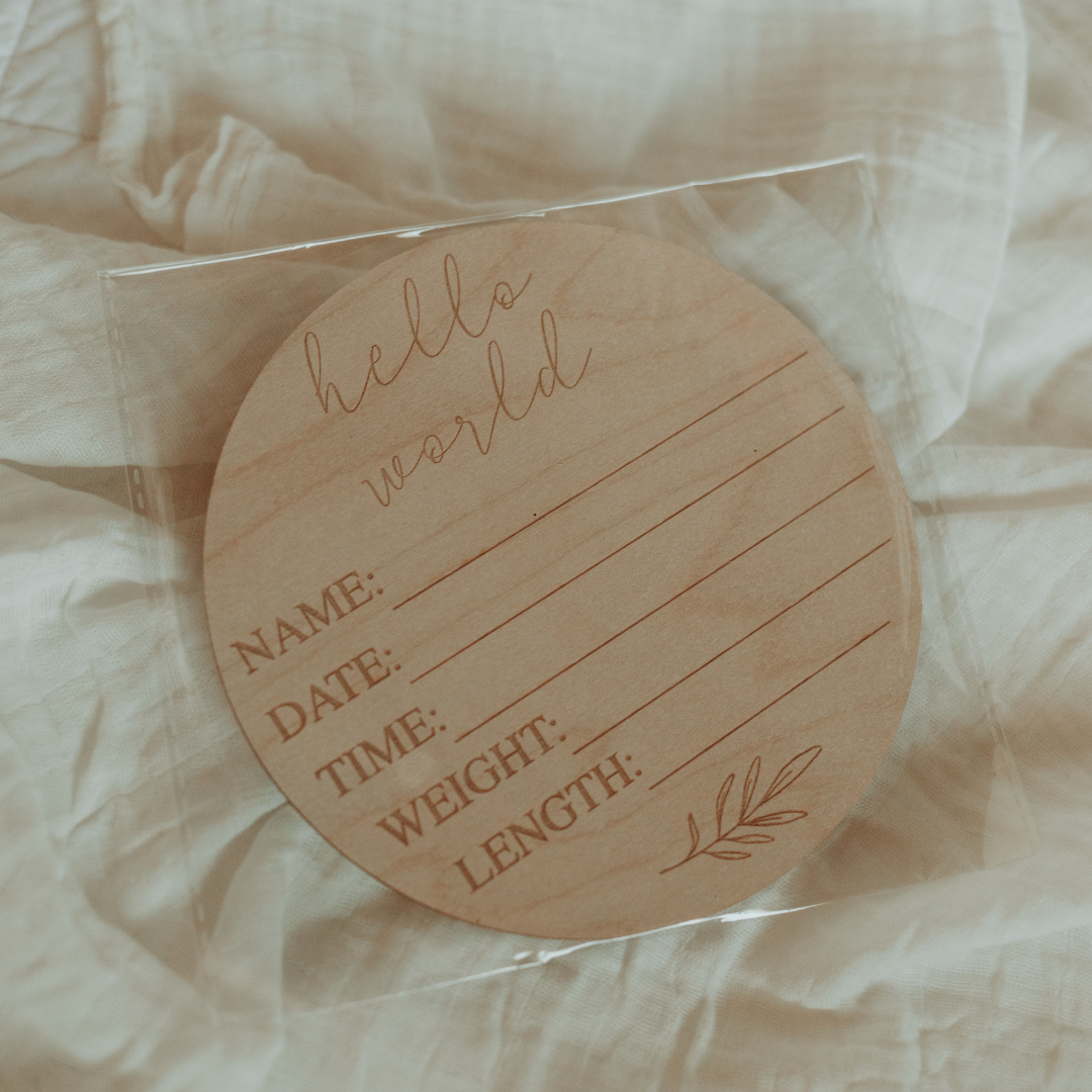 'Hello World' + Birth Details Wooden Plaque - 15cm