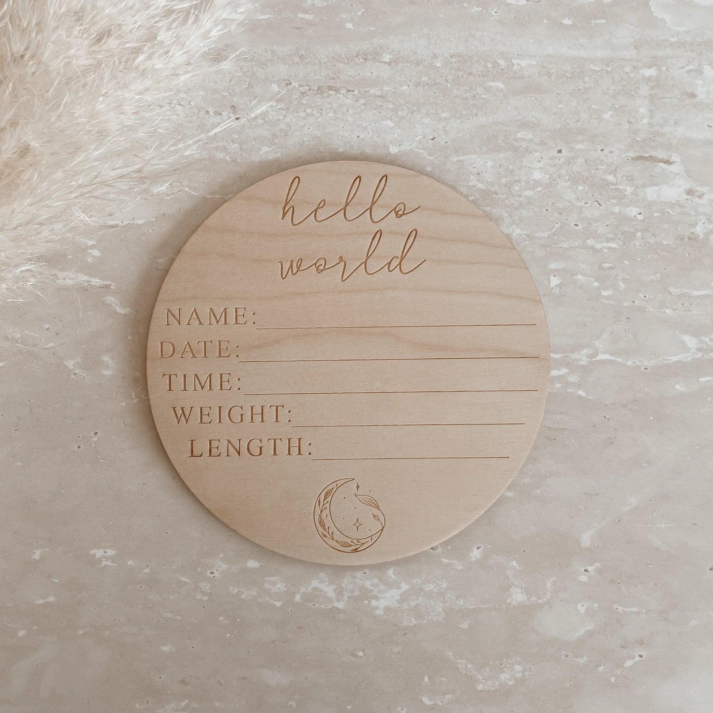 'Hello World' + Birth Details Wooden Plaque - 15cm